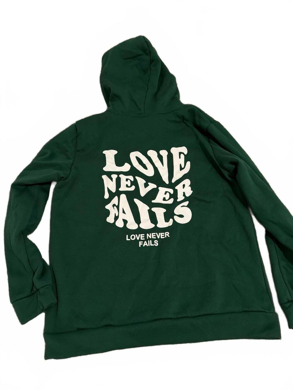 Mens SHEIN Medium Green Casual Hoodie with Love Never Fails Print